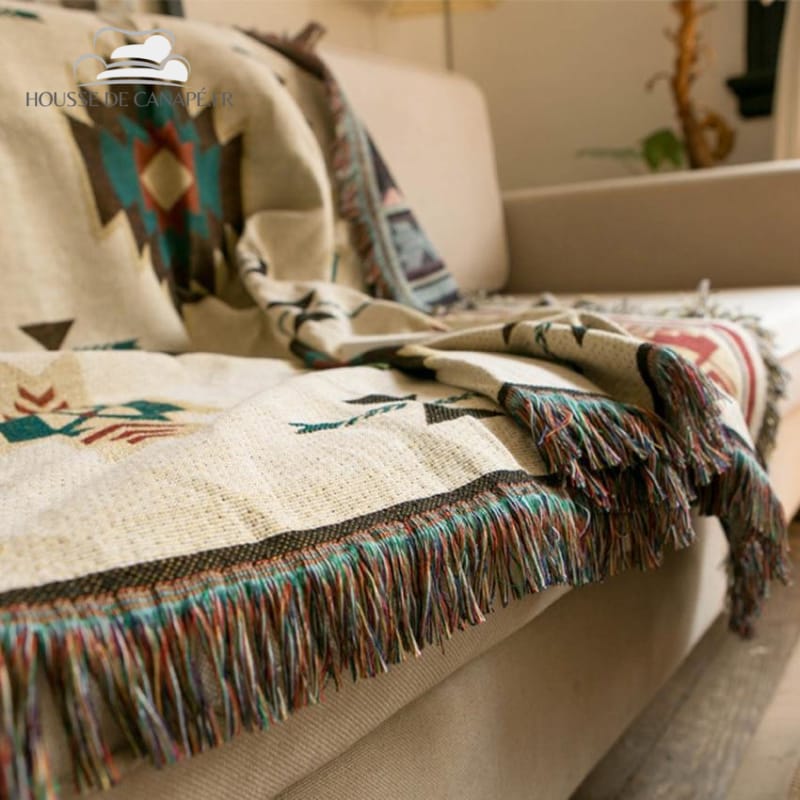 Couverture Aztec Navajo 90×210 Cm Avec Glands – Motif Géométrique Boho Ethnique, Jeté Canapé, Lit, Tapis